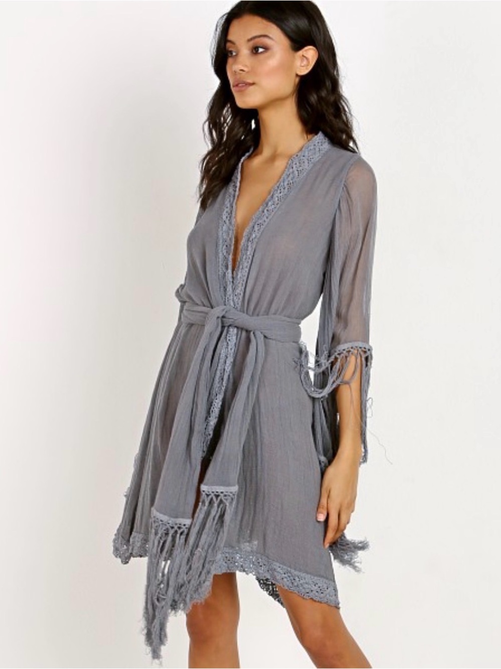 Jen’s Pirate Booty Phoenix Robe Women’s Gray Fringe Lace-Trim Robe